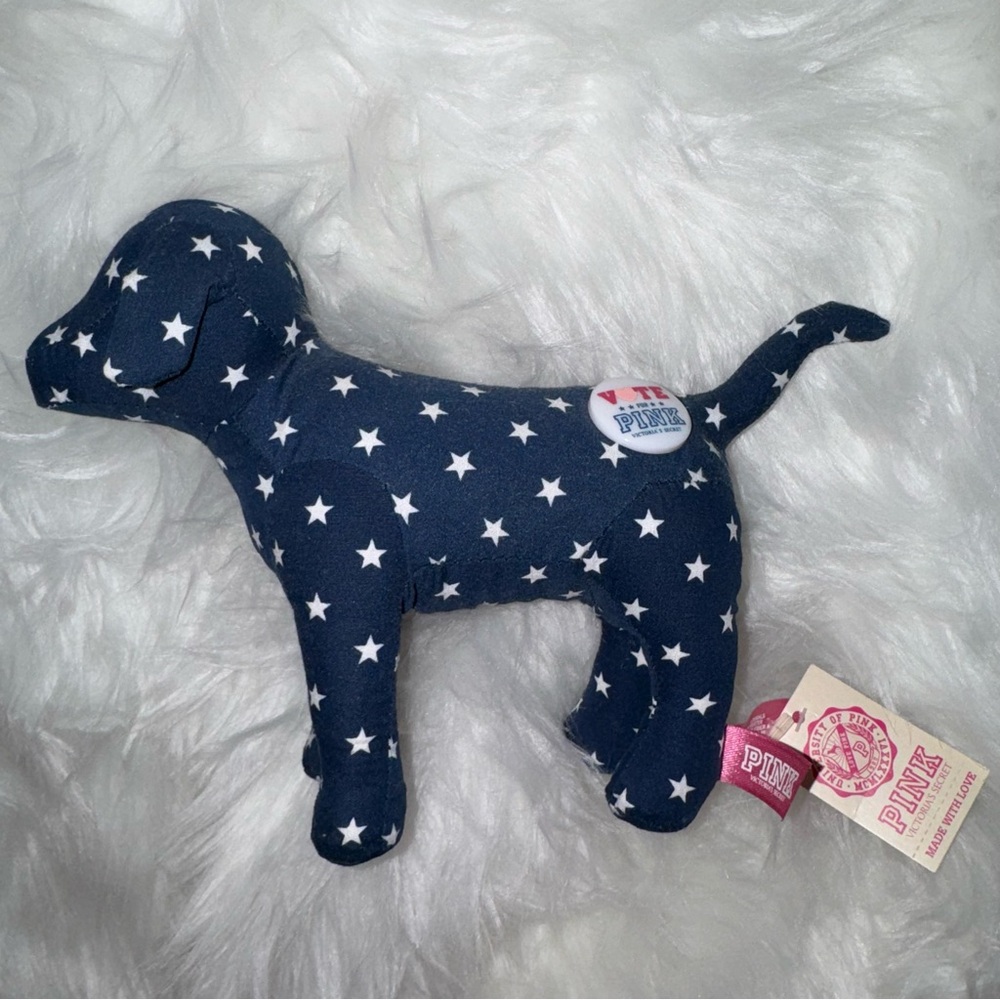 NWT VICTORIA SECRET PINK PLUSH DOG BLUE WITH WHITE STARS AND VOTE PINK LOGO